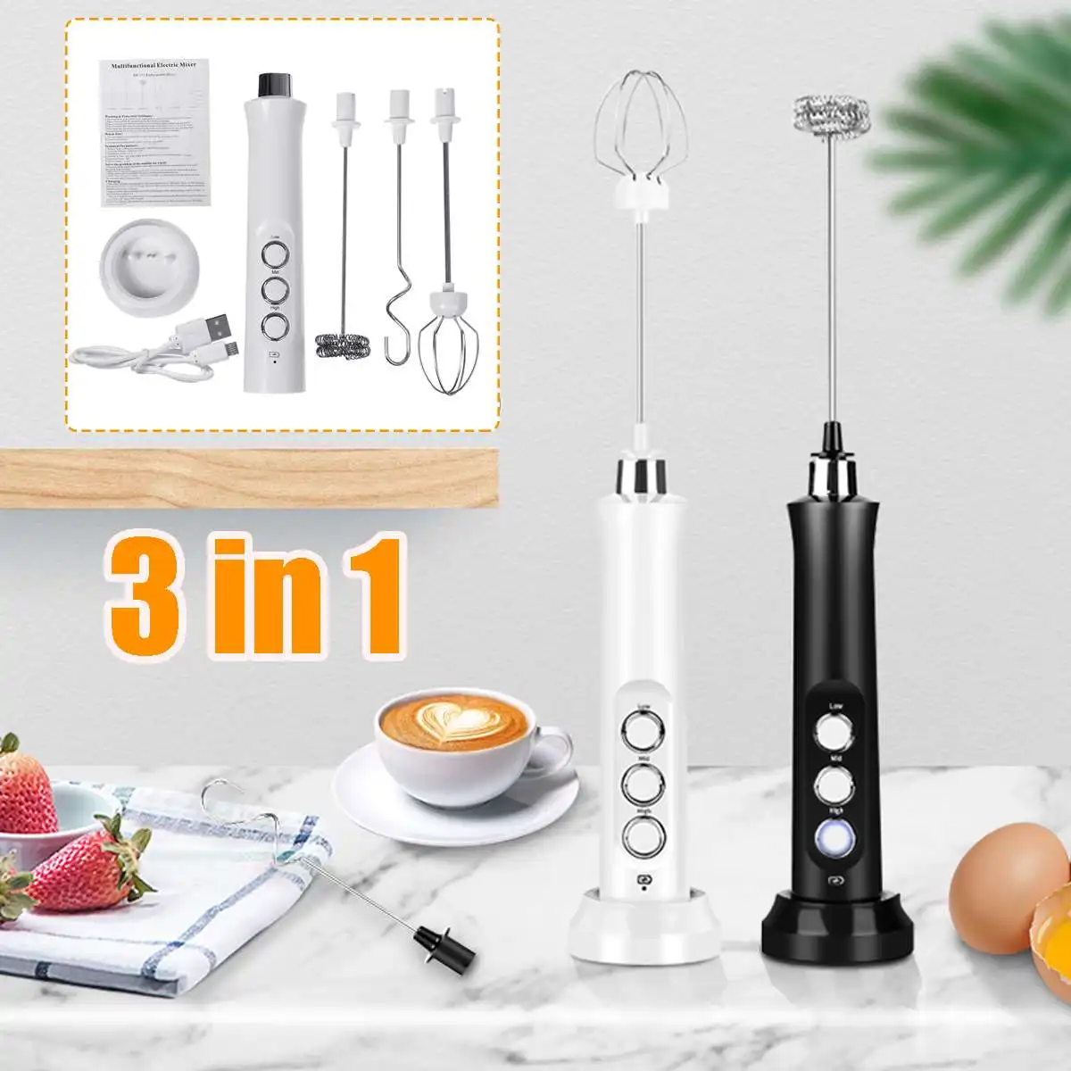 

Rechargeable Electric Whisk Milk Frother Portable Handheld Egg Beater 3 Gears Adjustable Automatic Foam Maker Milk Foamer Mixer