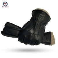 ching yun winter mens deerskin gloves buckskin mens warm and soft external suture mens black gloves 70 wool lining