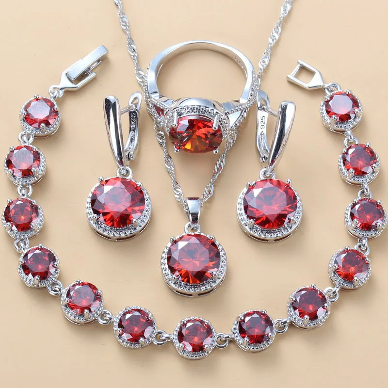 Серебряный Цвет женский свадебный ювелирный набор круглый натуральный красный