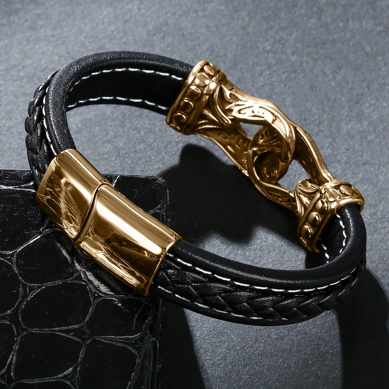 New Classic Men's Bracelet Leather Stainless Steel Charm Woman's Cross Punk Jewelry Bangles Gifts Black | Украшения и