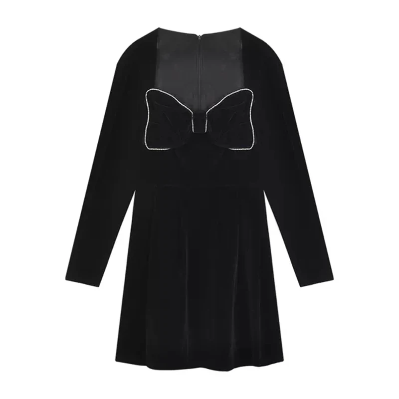 

2021Spring Summer Autumn New Women Sexy Velvet A-Line Dress Long Sleeve Large Size Lovely Square Neck Skirt Bow Decoration