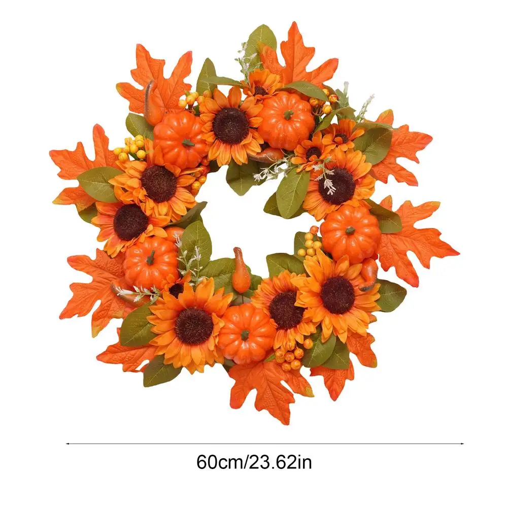 

60cm Pumpkin Maple Leaf Wreath Front Door Hanging Artificial Rattan Autumn Thanksgiving Garland Home Halloween Decoration