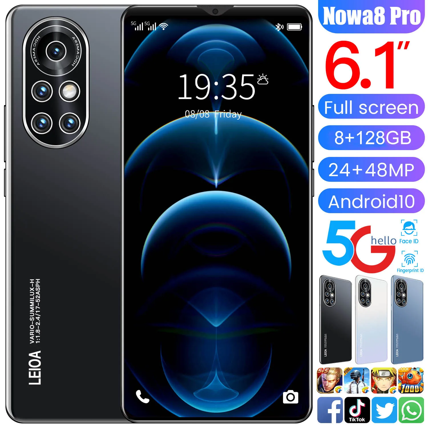 

New 2021 Nowa8Pro 6.1 Inch 8+128GB 10 Core 5000mAh Dual SIM Andriod 10.0 Smartphones 24+48MP Mobile Cell Phone MTK6595 Celular