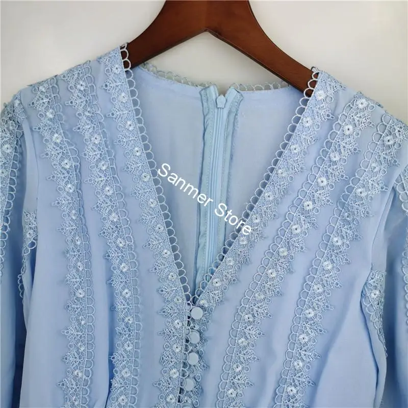 

Women Pleated Lace Maxi Dress Patchwork Long Sleeve Zipper V-neck Elegant High Waist Long Dress 2020 New