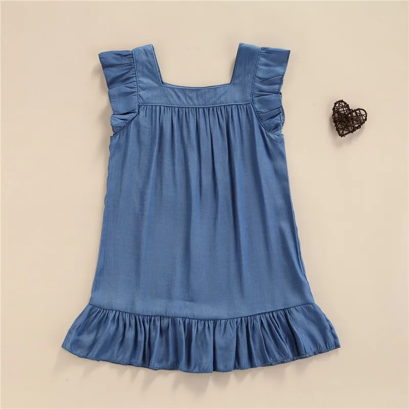 

Children Solid Color Denim Dress Girls Sleeveless Square Collar Ruffle Hem Dress