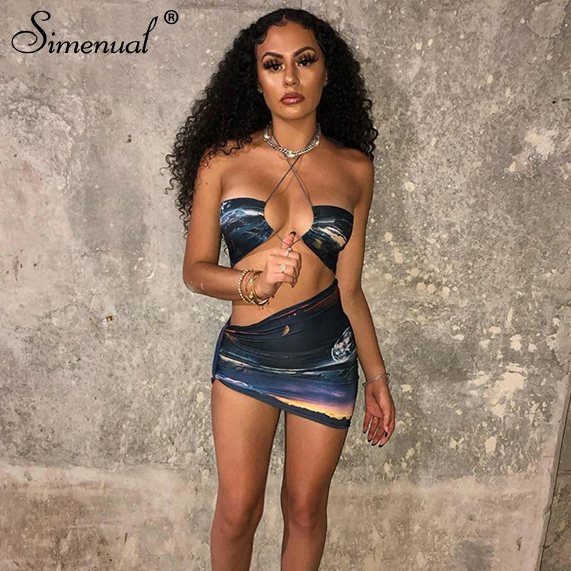 Simenual Hot Sexy Strap Halterneck Top And Ruched Skirt Two Piece Sets Women Midnight Clubwear Fashion Going Out Outfits Co-ord
