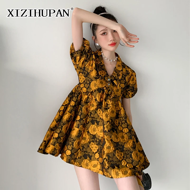 

XIZIHUPAN Vintage Yellow Print Dress For Women Lapel Puff Short Sleeve High Waist Elegant Dresses Female 2021 Summer Fashion New