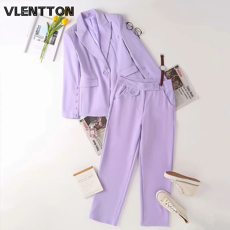Женский офисный костюм из двух предметов винтажный фиолетовый пиджак и брюки с
