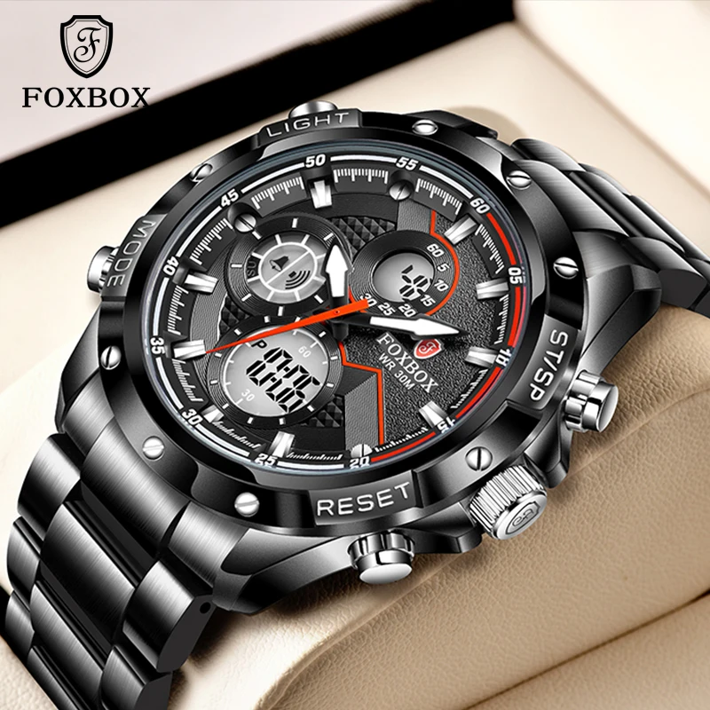 Relógios de Pulso de quartzo  Foxbox Relógio Masculino Marca Superior de Luxo Dupla Exibição Esporte Relógio de Pulso para Homem à Prova Impermeável Água Relógio de Quartzo Luminoso Aço Inoxidável 2022