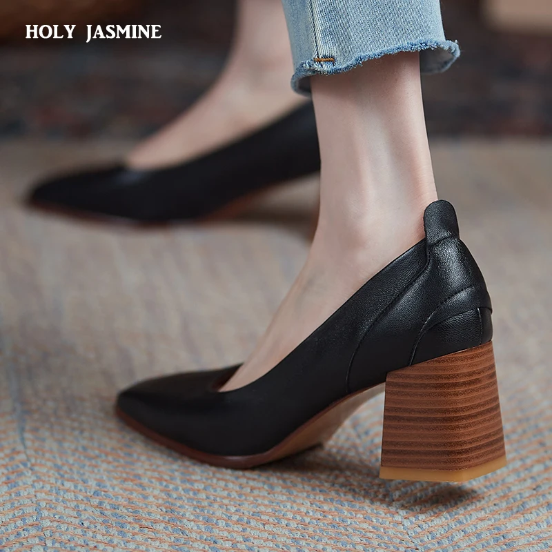 

Shallow High Heels Pumps for Women Spring Newest Genuine Leather Shoes Woman Heels 2021 Working Wedding Square Toe Women Shoes