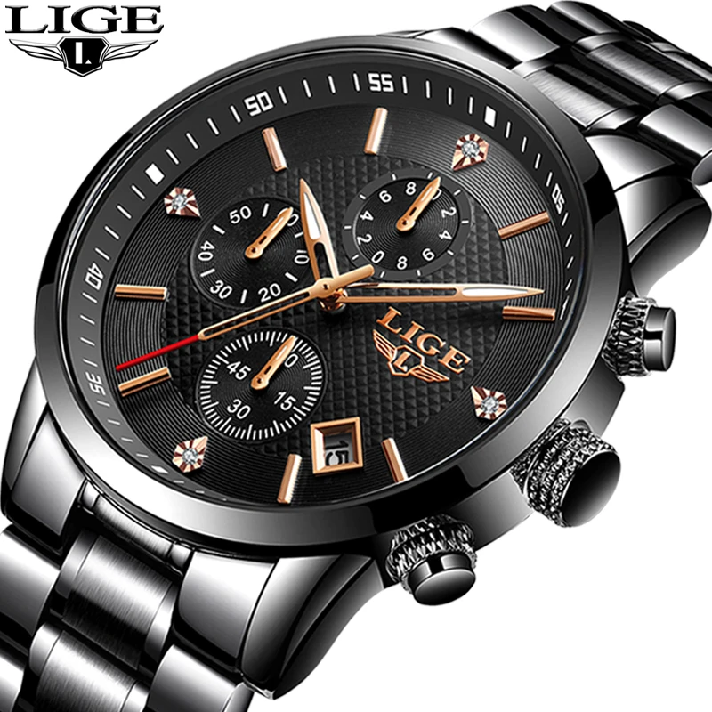 Часы наручные LIGE Мужские кварцевые водонепроницаемые Модные с хронографом