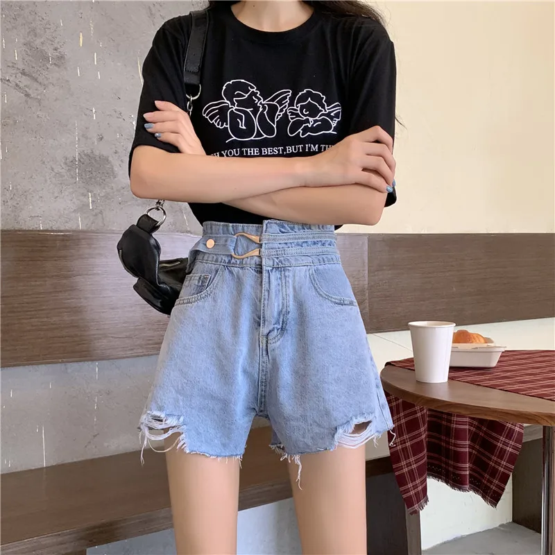 

Shorts Women Stylish Chic Hole Design Vintage Tassel Denim Female High Waist Short Trouser Zipper Fly Basic Summer Ladies Street
