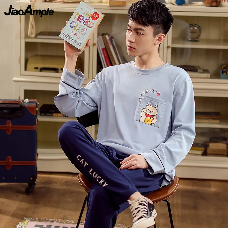 Pajamas Men's Cotton O-Neck Long-sleeved Trousers Pijamas Two-piece 2022 New Autumn Winter Cute Cartoon Homewear Sleepwear Set