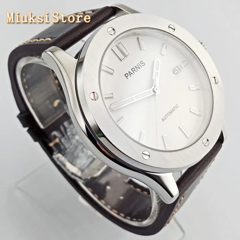 Мужские серебристые часы с сапфировым стеклом и кожаным ремешком | Наручные