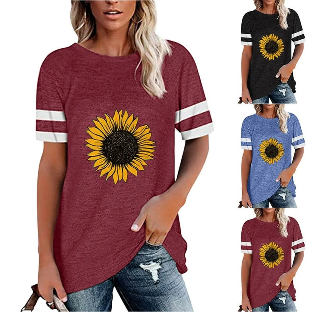 

Женские с принтом в виде подсолнухов Повседневное короткий рукав Футболка женская Свободная майка-туника Топ