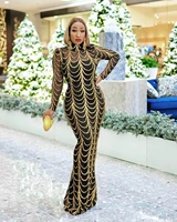 sequins party dress bandage bodycon maxi robe stande collar lone sleeve zipper perspective fishtail long dress african clothes