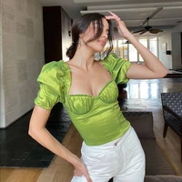 women summer soild color pleated lace wrap chest open back slim t shirt woman new short sleeve green tops square collar tshirts