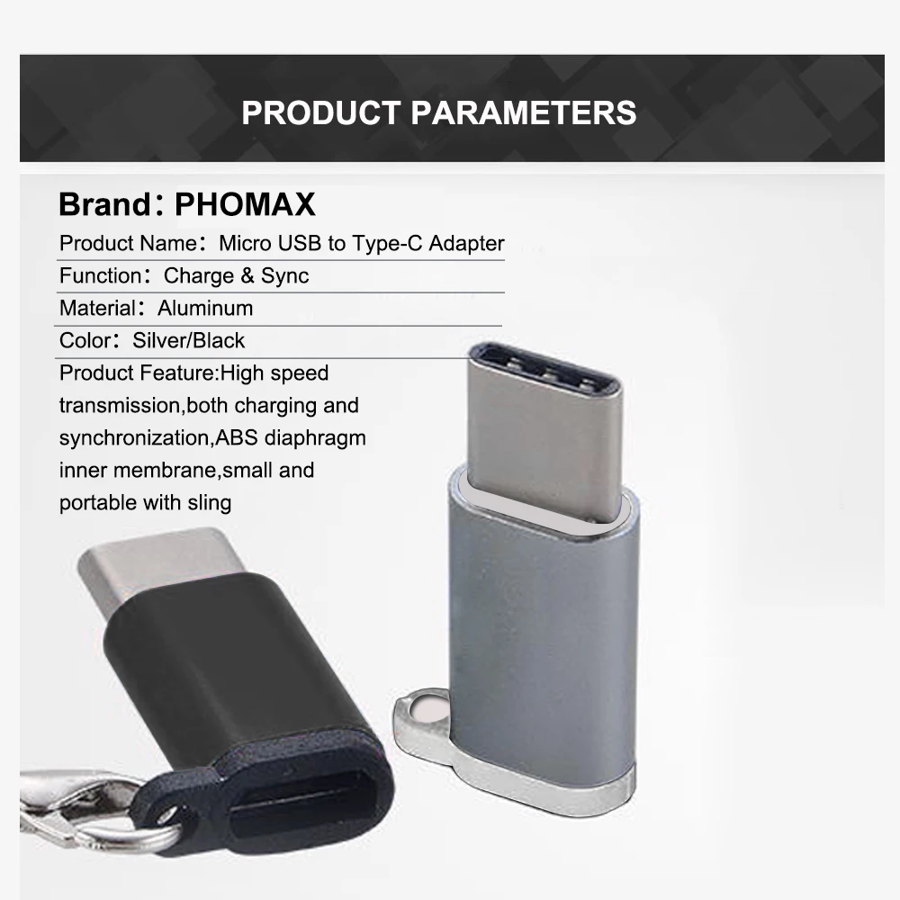Переходник PHOMAX Micro USB в Type EC корпус из сплава разъем на C для Android Huawei Xiaomi с