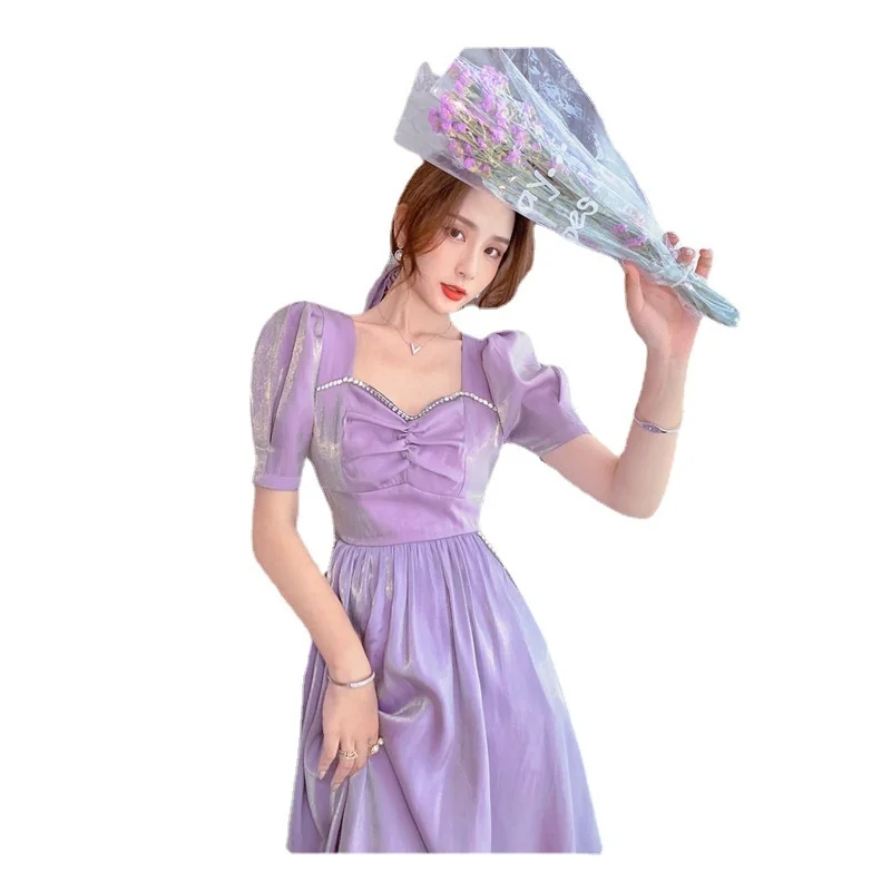 

2021 summer new purple square collar dress French Style Bubble Sleeve temperament Fairy Dress