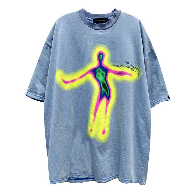 

Summer Distorted Portrait Thermal Imaging Printed Short Sleeved T-shirt Casual Cotton Tee Tops Streetwear Oversized Men T Shirts