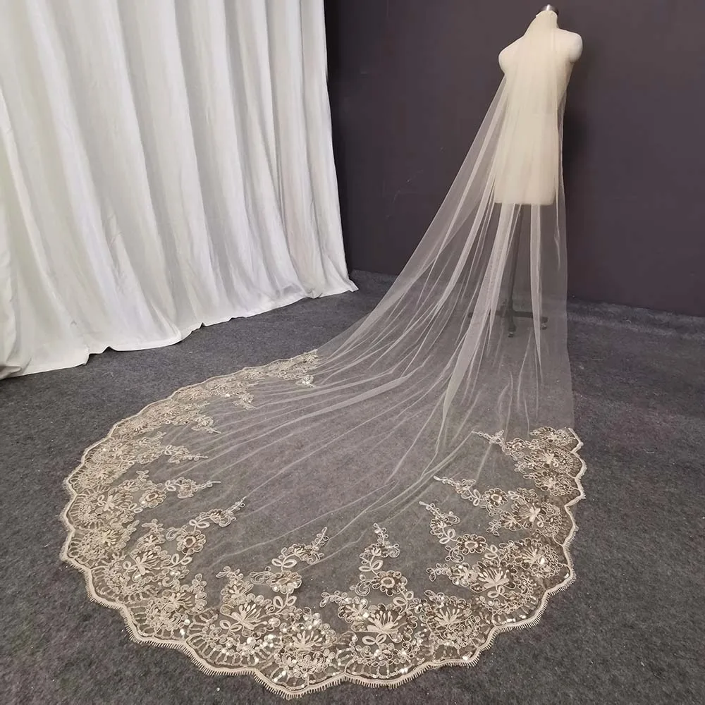 Champanhe com Paetês Acessório de Casamento Véu de Casamento Véu de Noiva com Pente Longo Renda Macia Tule