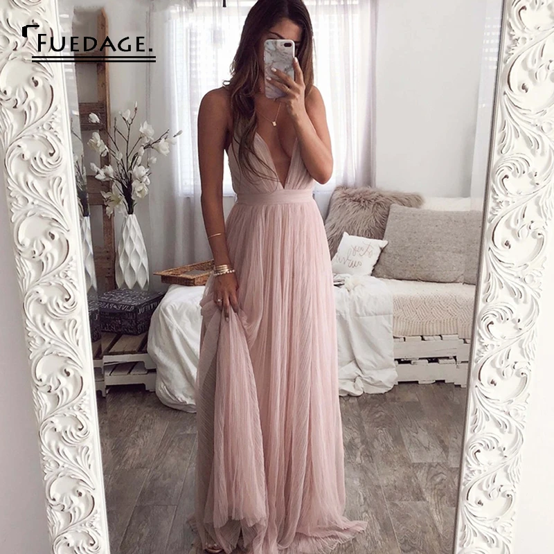 Fuedage/летнее Сексуальное Женское Сетчатое платье на тонких бретелях с глубоким