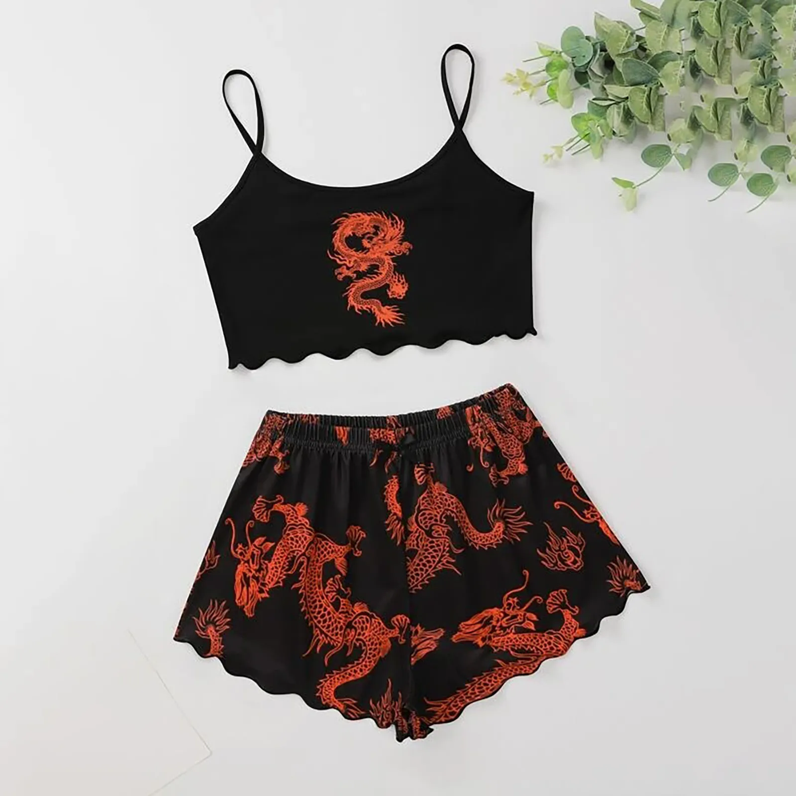 

Dragon Print 2 Piece Set Women Shorts O-neck Crop Top Sleeveless Casual Outfits Summer Fashion Nightdress Cool осм енский