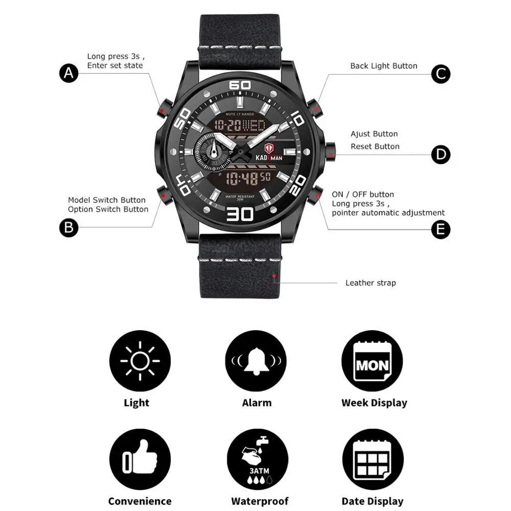 Часы наручные KADEMAN Мужские кварцевые роскошные брендовые светодиодные цифровые