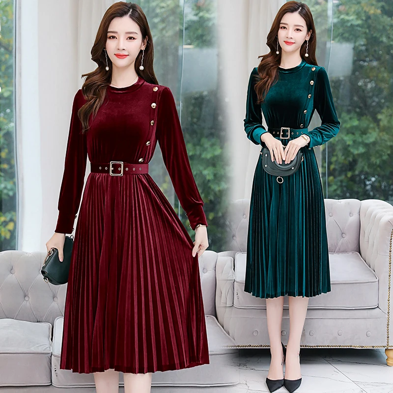 Плиссированное бархатное платье с высокой талией круглым вырезом Бандажное для