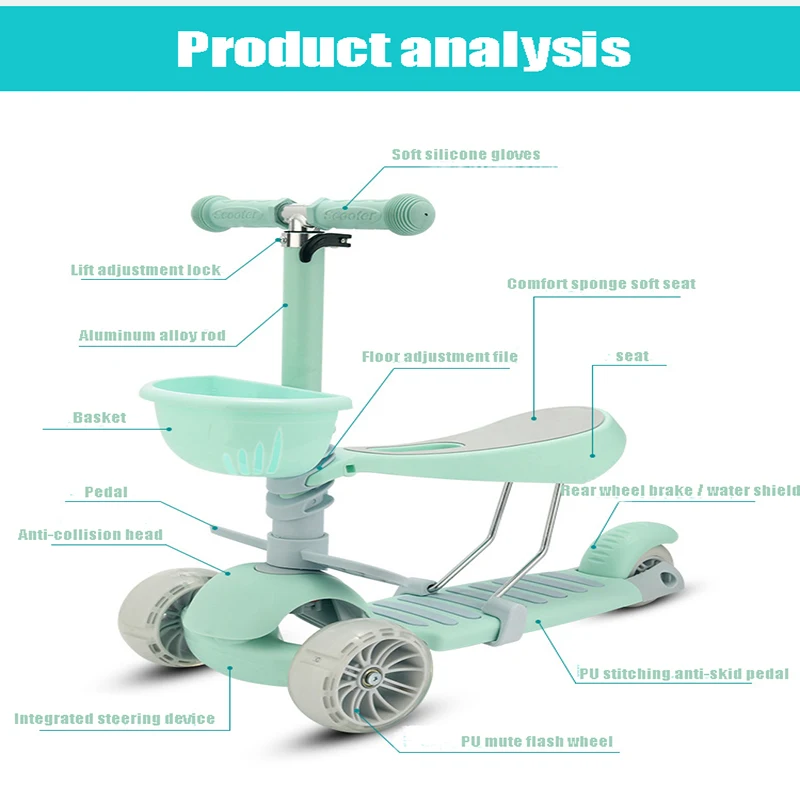 Детский скутер 5 в 1 3 колеса мигающие качели для детей от 2 до 15 лет коляска езды на