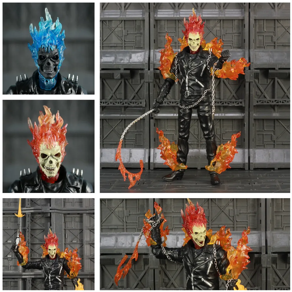 Ghost Rider 8" Action Figure Johnny Blaze Legends With Fire Whip Ball Iron Chain Jacket Blue Head Doll Toys Collectible Model