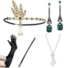 Женский винтажный комплект аксессуаров 1920-х годов Great Gatsby, Ювелирное Украшение со стразами, повязка на голову, ожерелье, перчатки, серьги, держатель для сигарет
