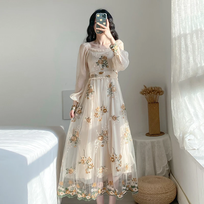 

French Floral Embroidery Party Dress Long Sleeve Mesh Embroided Dresses Lantern Sleeve Sweet High Waist Long Dress Vestido