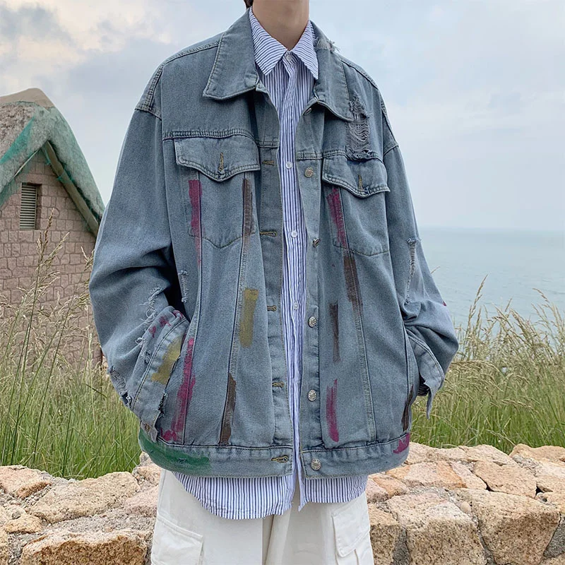 

Pierced denim jacket men's Korean version chaopai high street splash couple's coat spring and autumn loose fashion