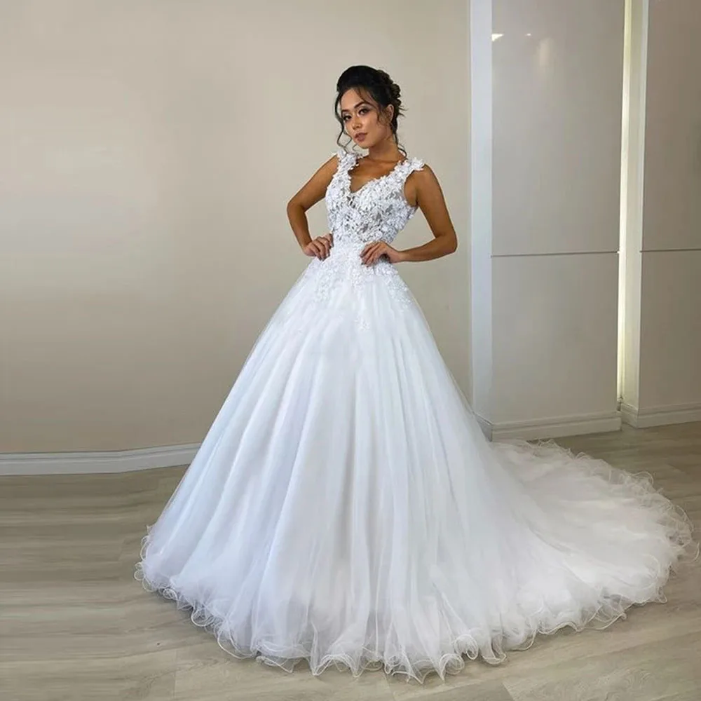 

WUZHIYI Exquisite A Line Wedding Dresses Women Marriage Lace Appiques Bridal Gowns Custom Made White V Neck Bride Dress 2021