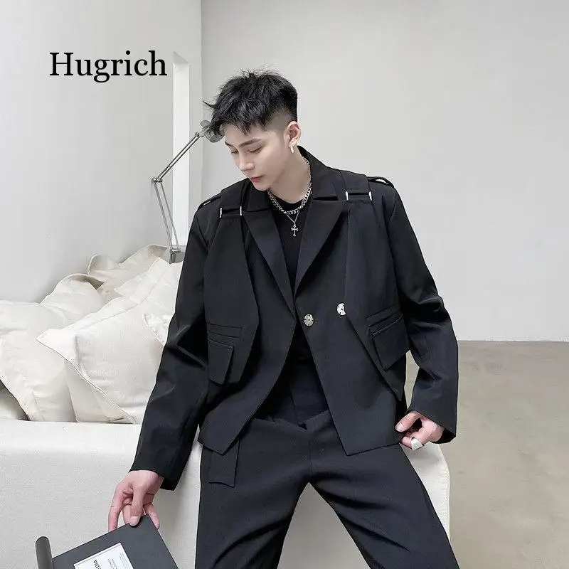 

Men's Wear Fake Two-Piece Suit Coat Split Vest Short Style Hidden Button Black Clothes for Male Autumn New Big Size