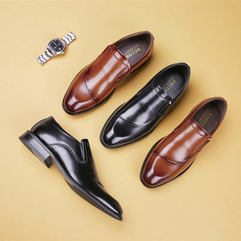 

Men Leather Shoes Formal Wedding Shoes Luxury Business Dress Shoes Men Pointy Shoes Black Coffee Slip on Pointed Toe Loafers