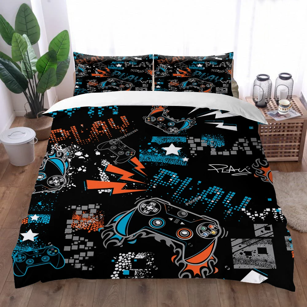 

Modern Gamepad Duvet Cover Set 3D Video Game King Bedding Set Kids Boy Black Game Controller Comforter Cover Bedroom Twin Queen