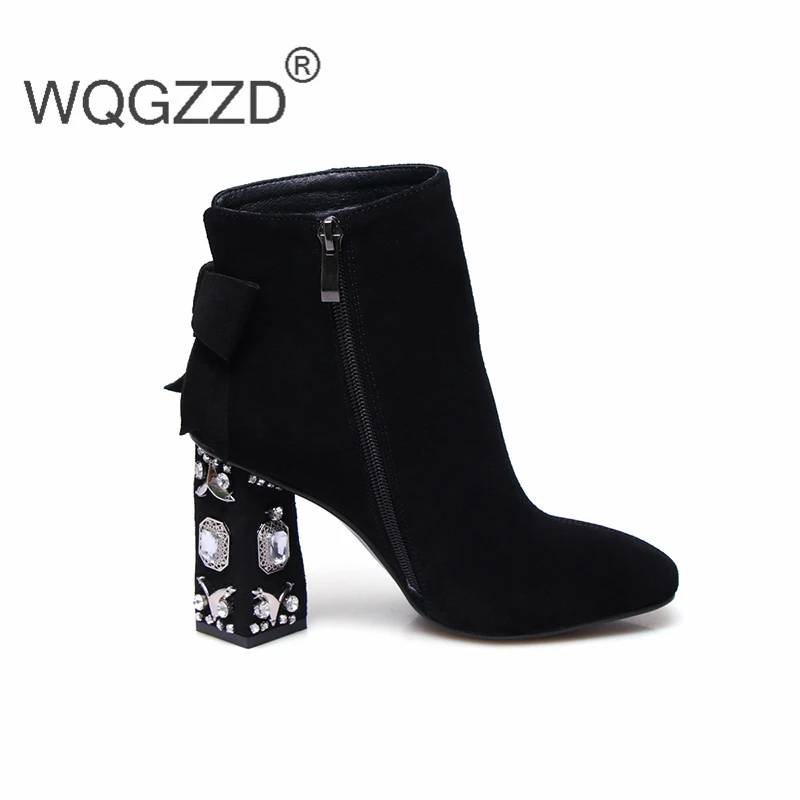 Роскошные Брендовые ботильоны женская зимняя обувь из коровьей замши челси на