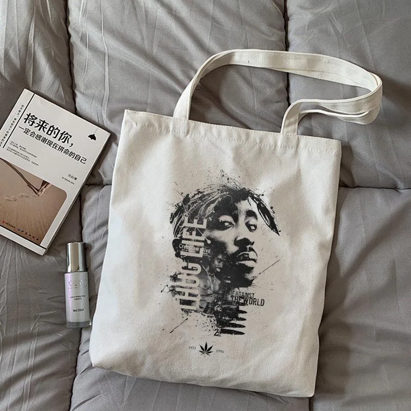 

Rapper Tupac 2Pac Makaveli Punk Canvas Tote Bag Print Winter Large Capacity Fashion Fun Vintage Shoulder Bags Handbags For Woman