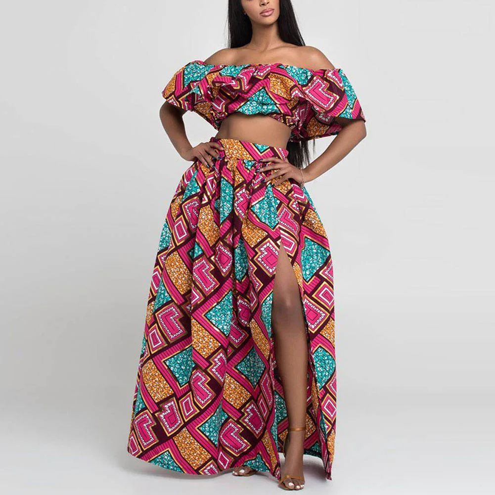 SUNGIFT Dashiki/Вечерние платья с открытыми плечами, разноцветное платье с принтом, африканская одежда для женщин, 2 предмета, 1 комплект, вечернее платье