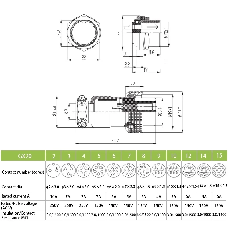 1 комплект GX20 2/3/4/5/6/7/8/9/10/12/14/15 Pin 20 мм штекер + гнездо цилиндрический гайкообразный