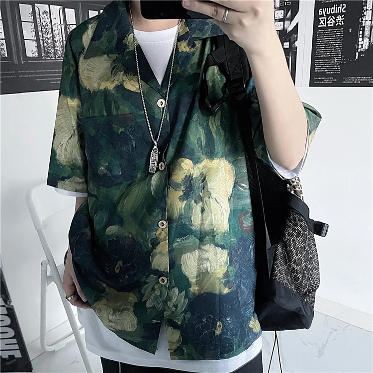

Harajpoo Women Blouses Trendy Short-sleeved Female Korean Ins Retro Oil Painting Design Sense Printing Couple Loose Casual Tops