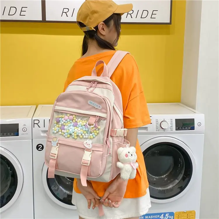 

Рюкзак женский нейлоновый с милым медведем и цветным меховым помпоном, вместительный дорожный ранец, школьная сумка, рюкзаки для девочек-Мс...