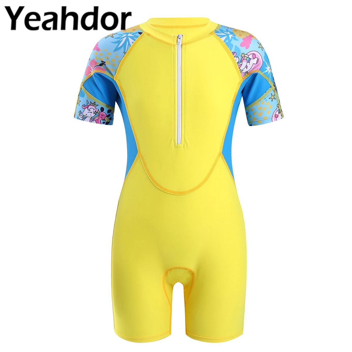 

Kids Girls One-piece Summer Swimwear Stand Collar Short Sleeves Front Zipper Closure Shorts Jumpsuit Beach Swimwear Bathing Suit