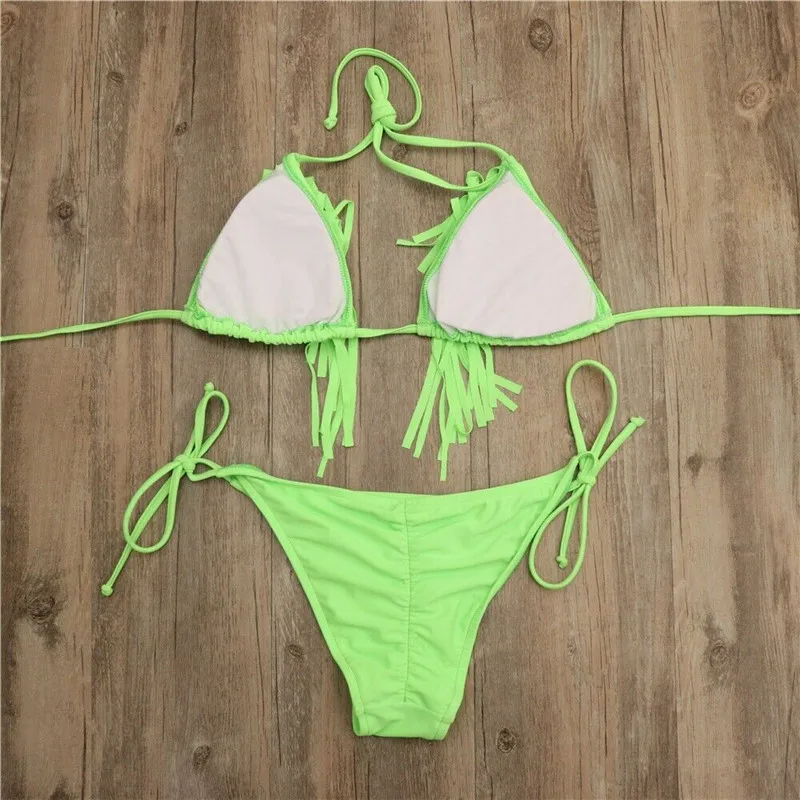 Женский комплект бикини с кисточками купальник пуш ап бюстгальтером бандажный
