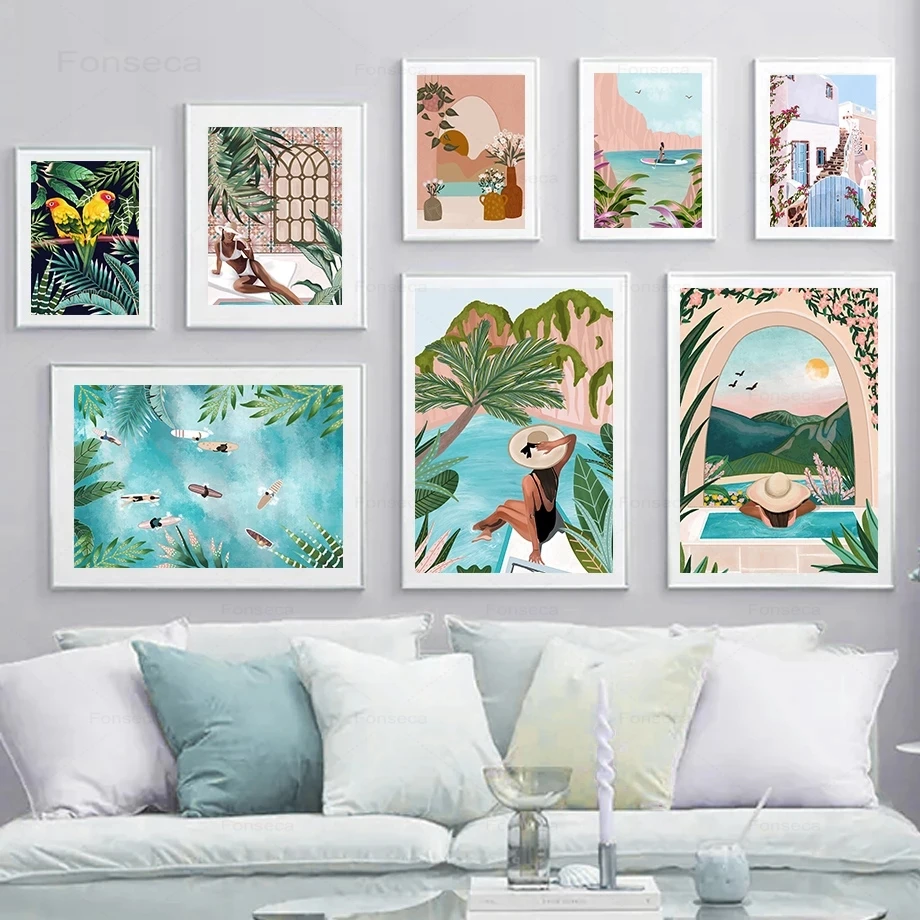 

Tropical Plant Leaf Girl Sky Canvas Painting Nordic Landscape Poster Boho Wall Art Pictures for Living Room Home Decoration