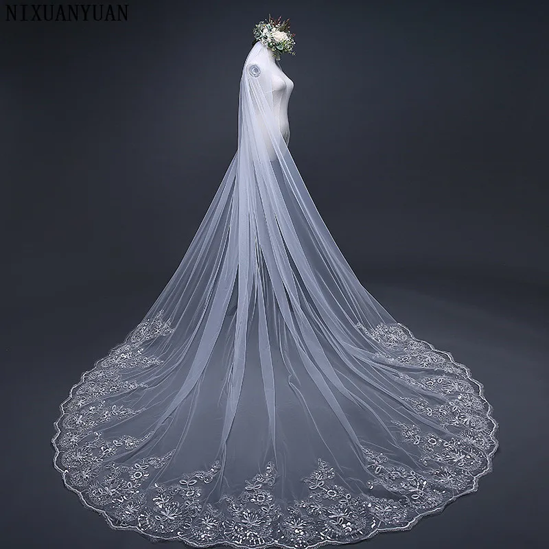 

NIXUANYUAN Real 2021 Voile 300CM veil One Layer Lace Edge Ivory White Cathedral Wedding Veil Long Bridal Veil Veu de Noi longo