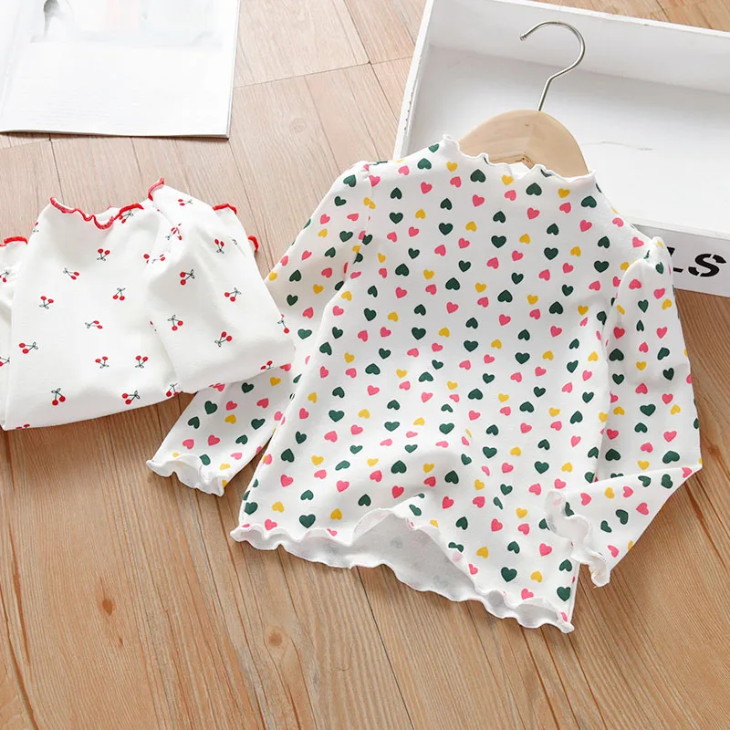 

2-6 Years Spring T-Shirt Children Girl Cotton Cherry Heart Print Long Sleeve Kids Clothes Autumn White Tops