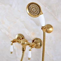 luxury polished gold color brass bathroom hand held shower head faucet set mixer tap dual ceramic handles mna986